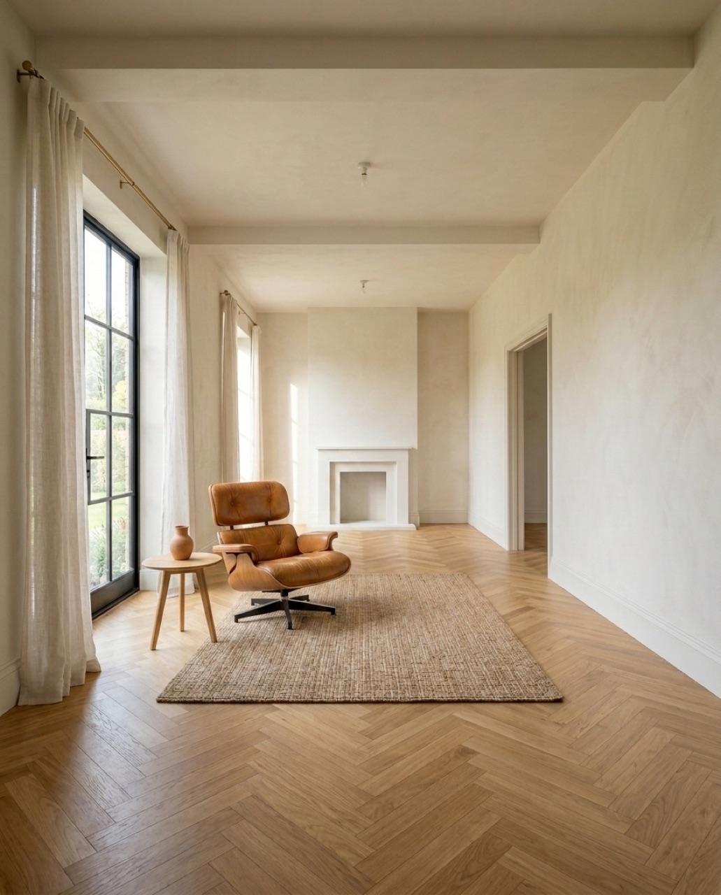 Sillón de cuero caramelo en un salón vacío - Después