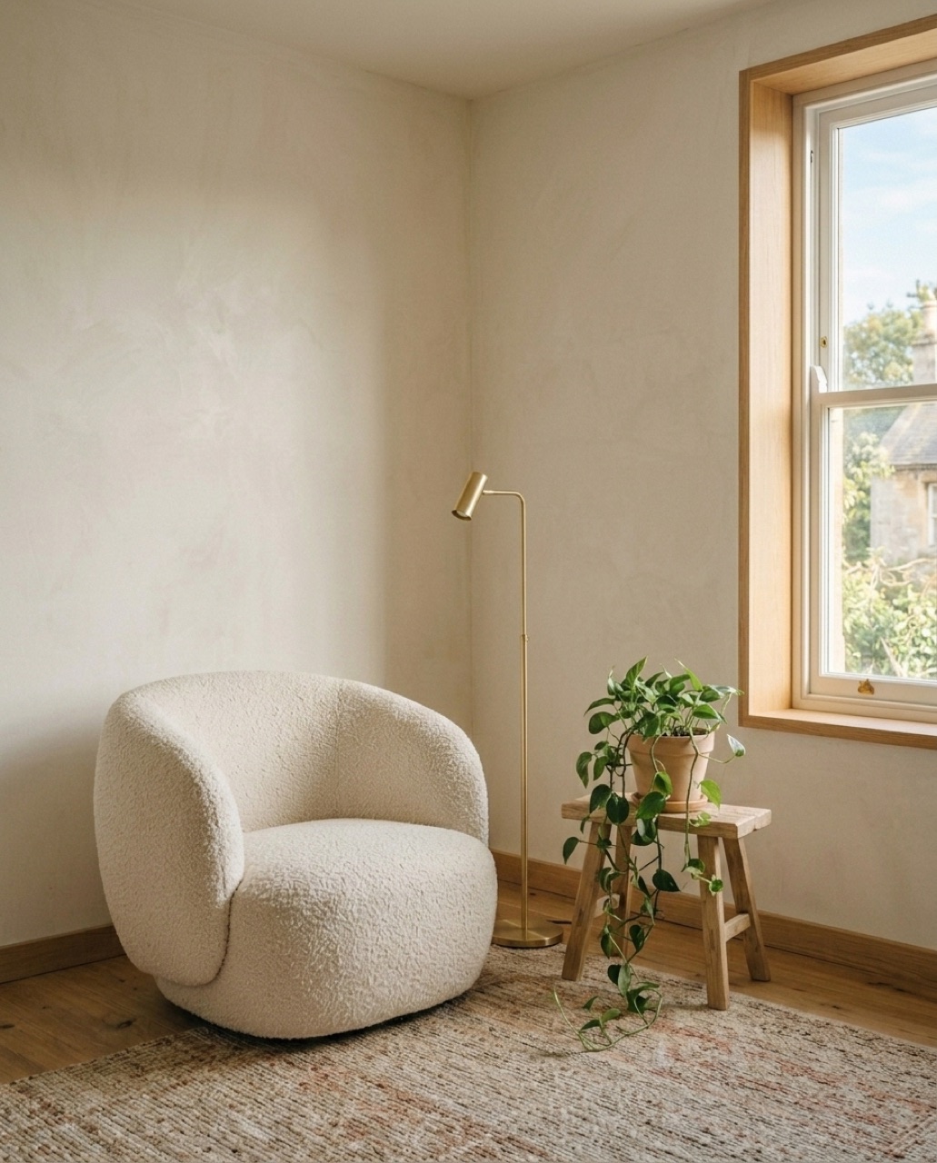 Sillón bouclé crema en un rincón de lectura vacío - Después