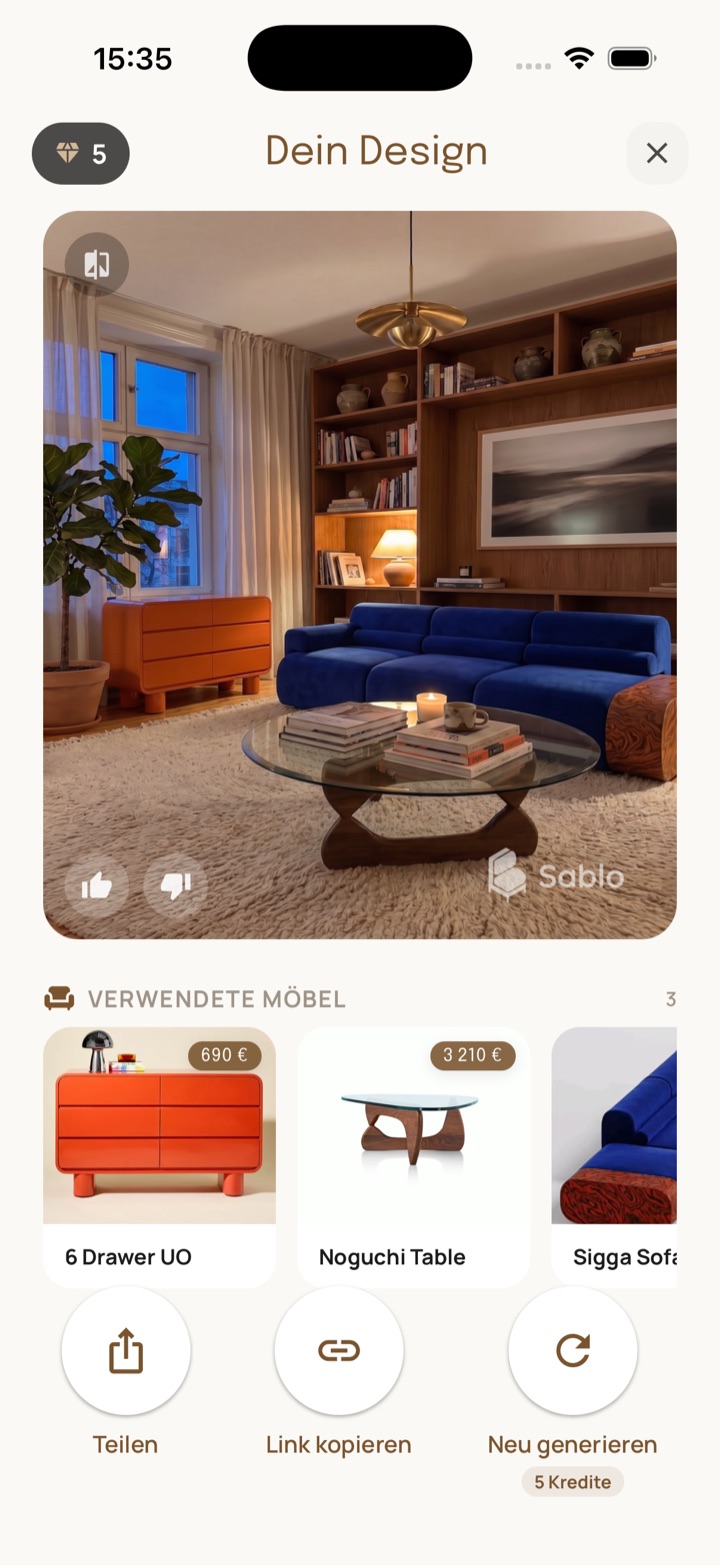 Sablo-Dein-Design-Bildschirm mit einem fotorealistischen Raum-Render, einer Liste verwendeter Möbel sowie Teilen- und Regenerieren-Aktionen.