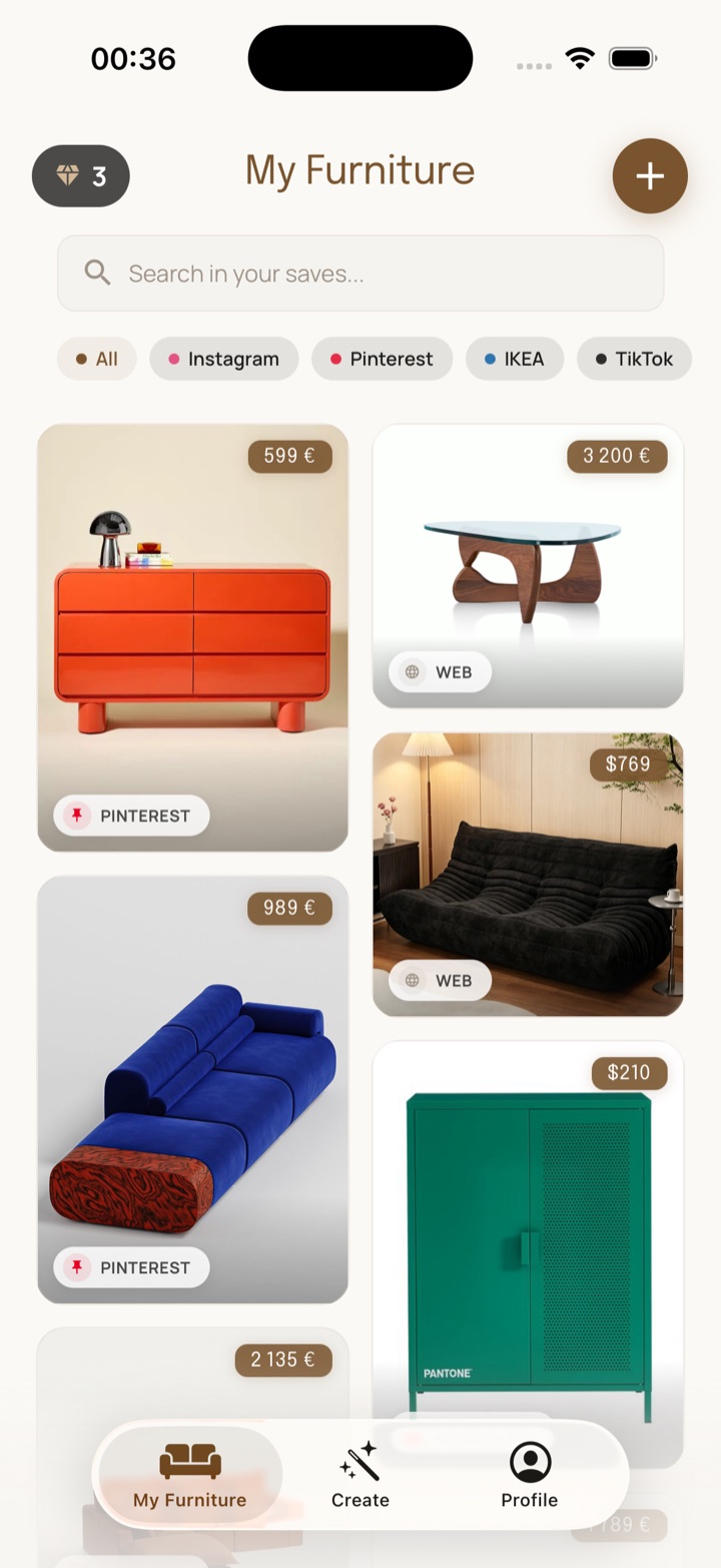 Sablo My Furniture screen showing saved furniture with prices and source tags.