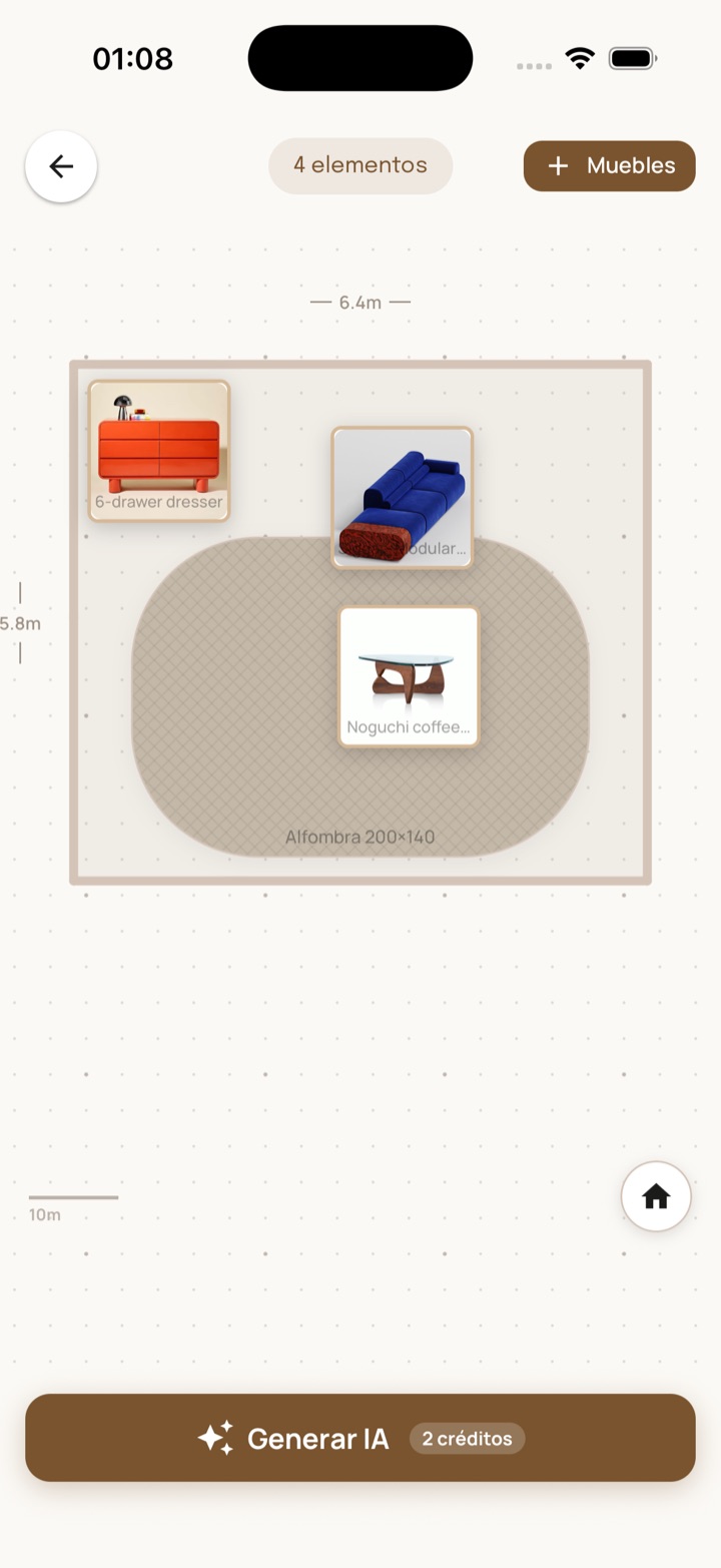 Editor de plano de Sablo mostrando muebles guardados colocados en la habitación escaneada con un botón Generar IA.