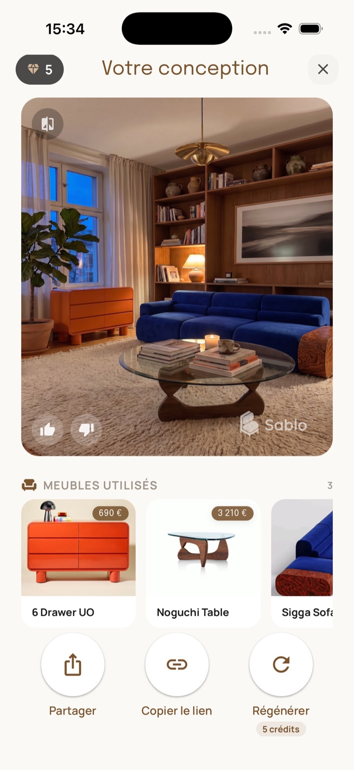 Écran Votre design Sablo montrant un rendu photoréaliste de la pièce avec la liste des meubles utilisés et les actions Partager et Régénérer.
